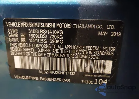 2019 Mitsubishi Mirage G4 Se из США, поврежденный, VIN ML32F4FJ2KHF17132